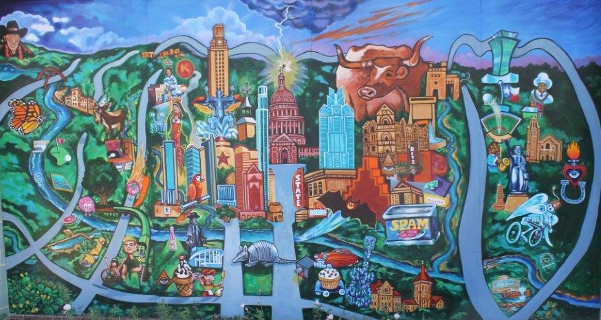 Graffiti Image map of Austin, including capital, UT campus and frost tower
